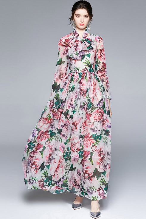 Luxury Designer Enchanting Floral Chiffon Vintage Long Sleeves Holiday, Party, Cocktail Floor Length Maxi Dress